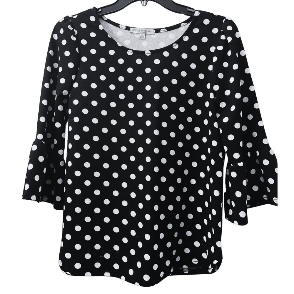 Green Envelope Black and White Polka Dot Top